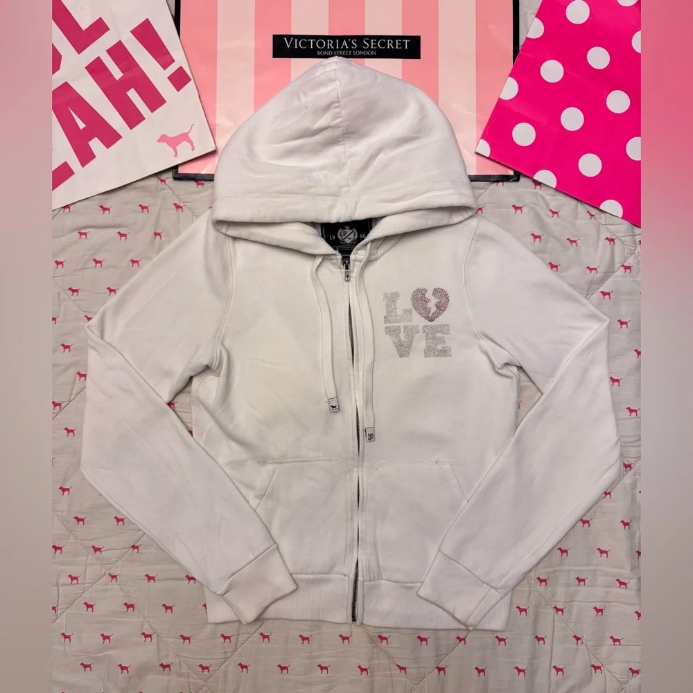 VS PINK VINTAGE Y2K FULL ZIP HOODIE WHITE RAINBOW BLING LOVE BROKEN HEART RARE M - Picture 5 of 11